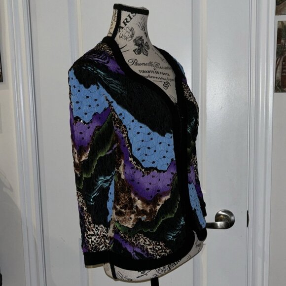 Joseph Ribkoff Jacket Size 12 Black Colorful Print Textured Sequin Zipper Womens - Picture 3 of 8